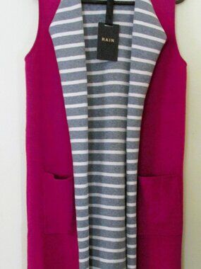 Rain~women's sizeS~fushia/gray~long cardigan open vest~sleeveless~2 pockets~